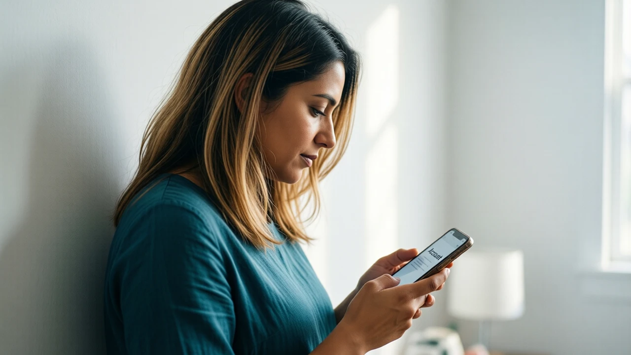 An Indian woman in her early thirties with shoulder-length hair and a plain teal top standing in a bright room by a white wall, seen in three-quarter view looking down at a phone held at chest height, its screen angled slightly toward us showing the large word "Account", soft daylight