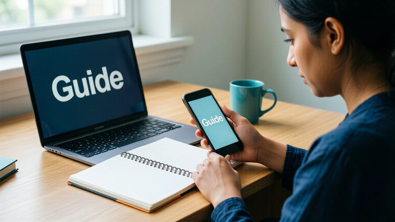 An Indian woman writer at a light oak desk in a bright study, a spiral notebook open beside a laptop, looking at a phone held in her left hand with its screen turned toward us showing the large word "Guide", a teal mug and a pale wall in daylight behind