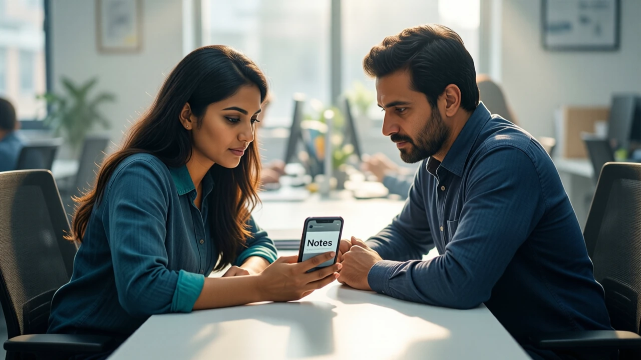 Two Indian colleagues, a woman and a man, sitting side by side at a long white table in a bright shared office, both looking at one phone she holds between them with its screen turned toward us showing the large word "Notes", soft daylight