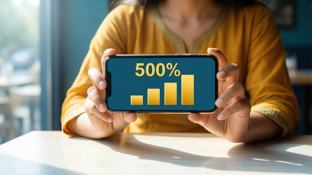 An Indian woman in a mustard kurta seated at a bright cafe table, her phone held in both hands and filling the right of the frame, the screen showing the large number "500%" printed flat above four short golden yellow bars of rising length, soft daylight from the left