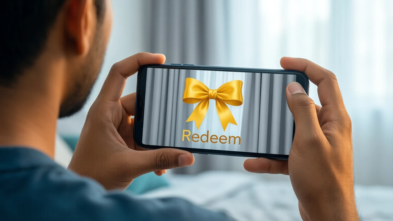 Seen over the shoulder of an Indian man in his twenties in a bright apartment, the phone in his own two hands filling the right of the frame, the screen showing a large golden yellow ribbon bow above the single word "Redeem", pale grey curtains behind