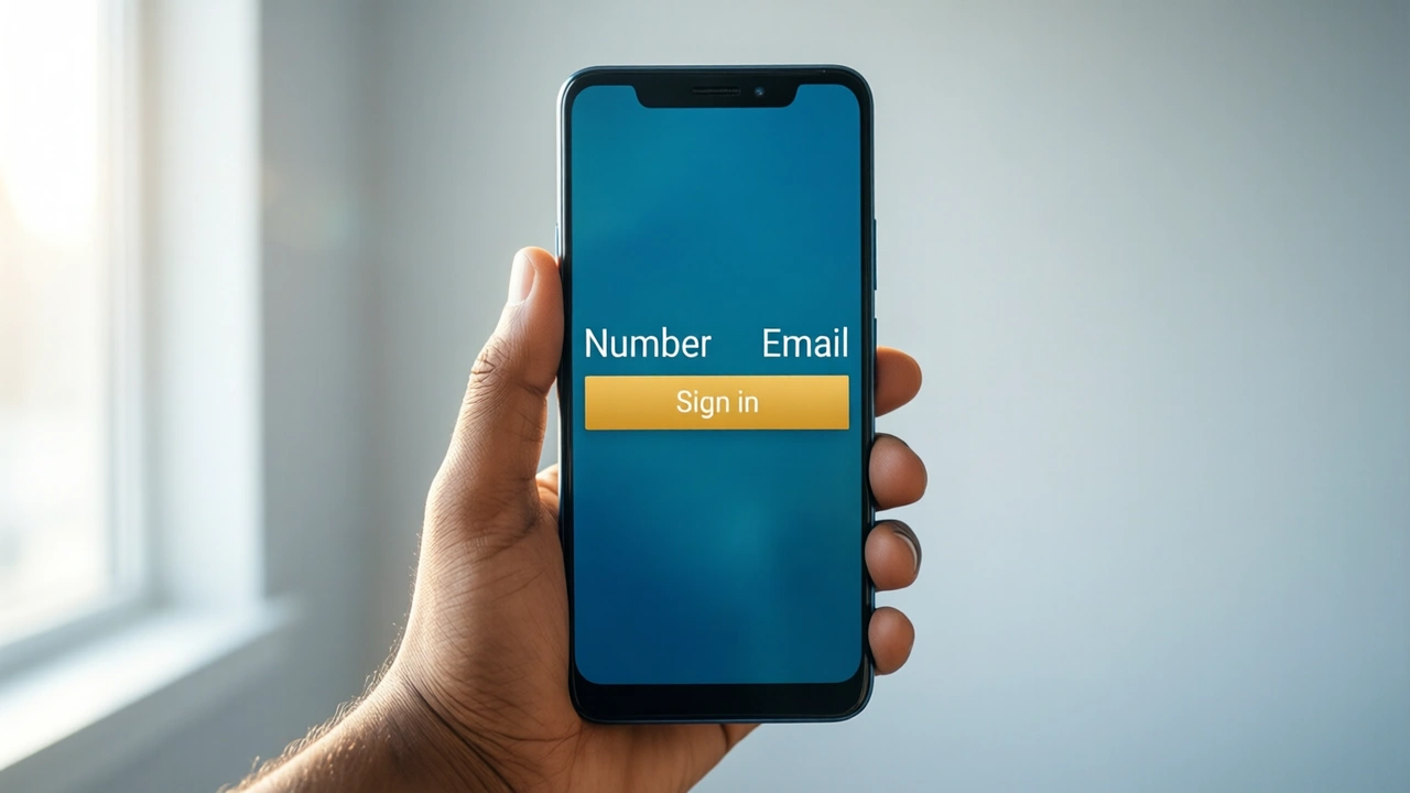 Close view of an Indian man's hand holding an Android phone upright in a bright room with pale grey walls, the screen filling the frame and showing two large words "Number" and "Email" side by side above one wide golden yellow bar reading "Sign in", soft daylight from the left