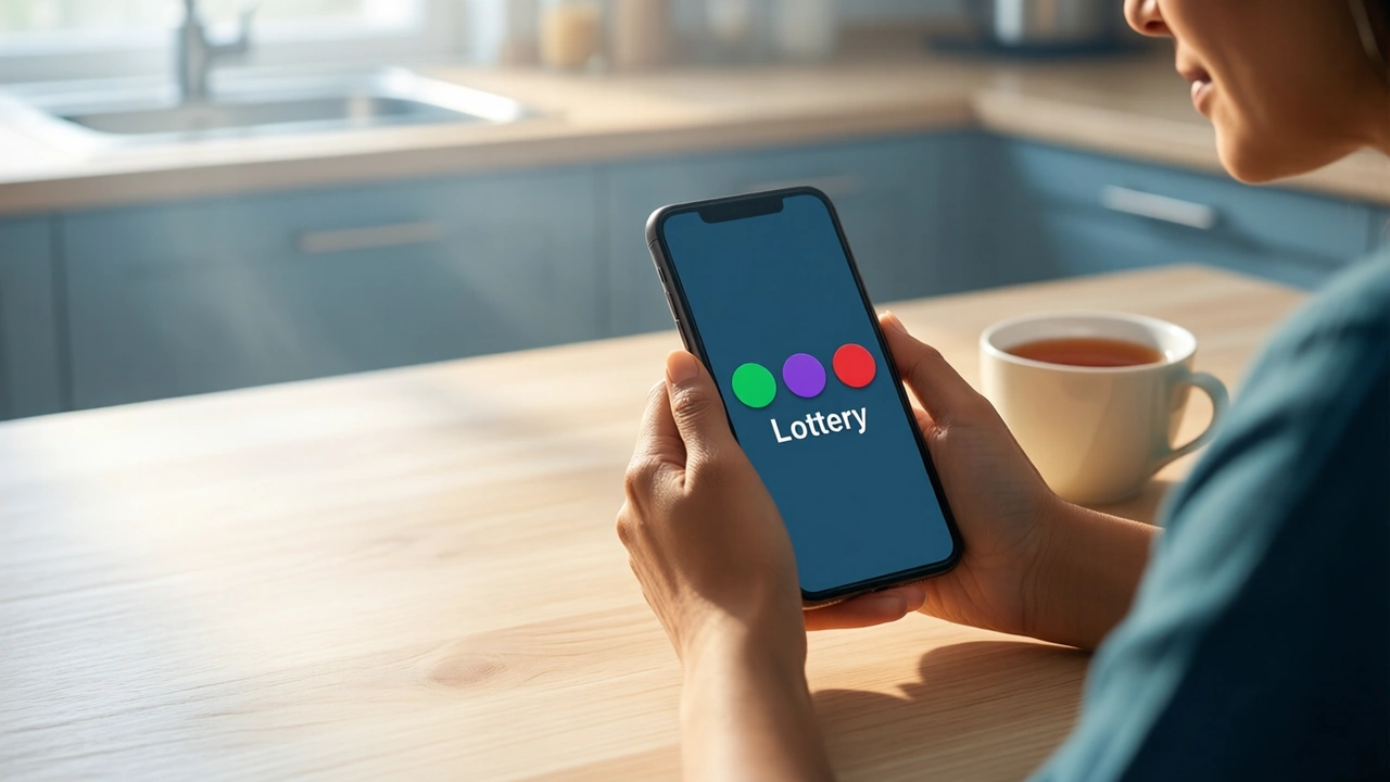 An Indian woman in her thirties sitting at a pale wooden kitchen table in morning light, her phone held in both hands and filling the right of the frame, the screen showing three large round buttons coloured green, violet and red in a row above the word "Lottery", a cup of tea beside her