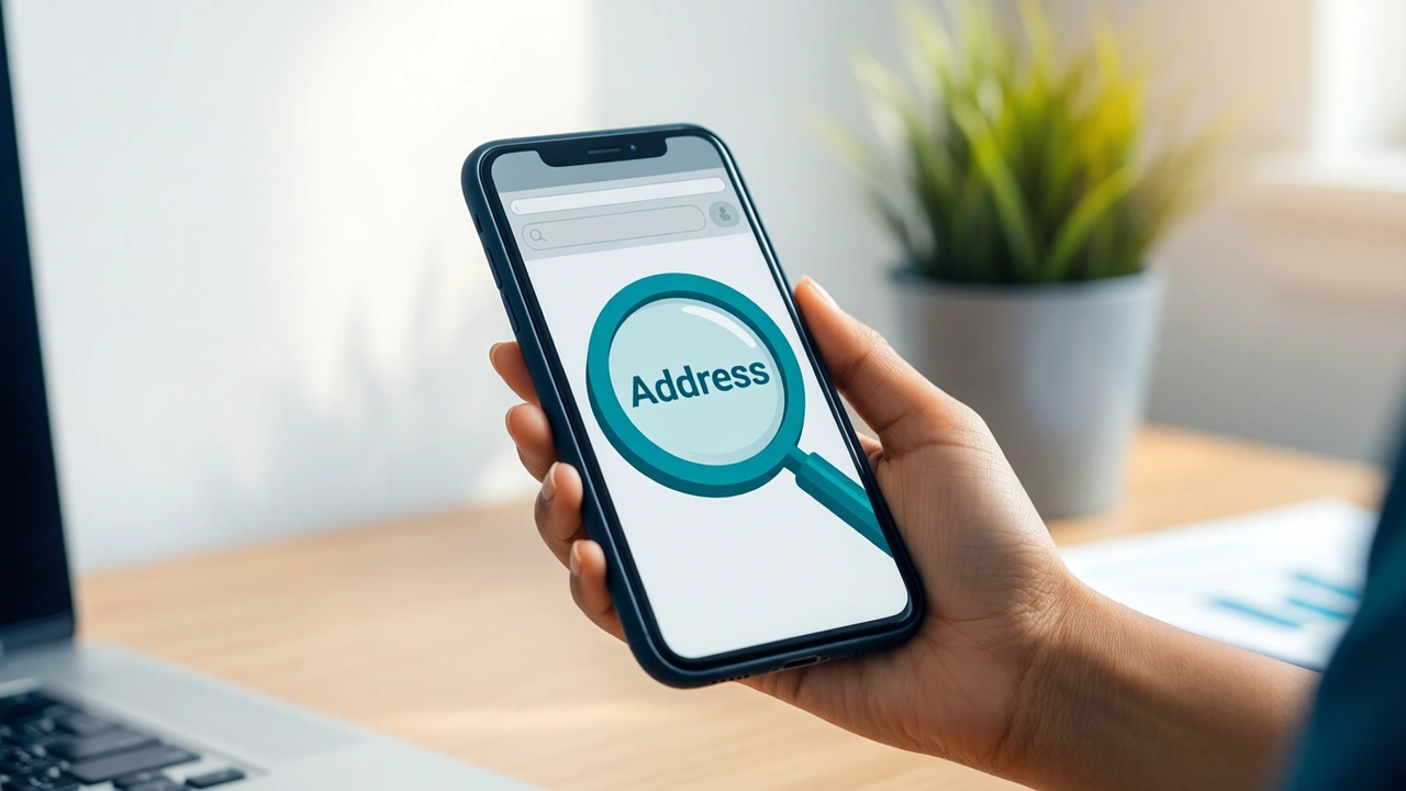 Close view of an Indian woman's hand holding a phone at a bright office desk, the screen showing one long pale grey address bar across the top and below it a large teal magnifying glass over the word "Address", a white wall and a potted plant softly blurred behind