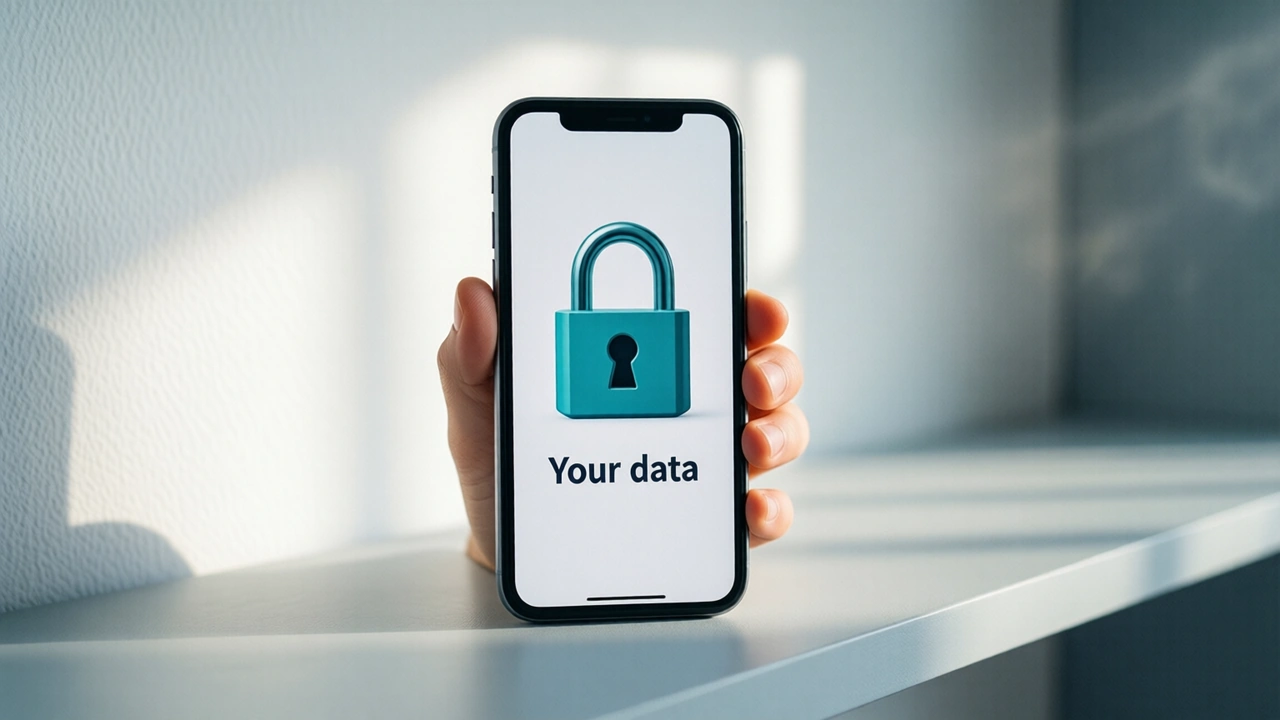 A phone standing upright on a pale grey shelf in a bright room, its screen showing a large closed teal padlock, shackle locked shut, with the two words "Your data" beneath it on a plain white background, a white wall behind, soft daylight from the side