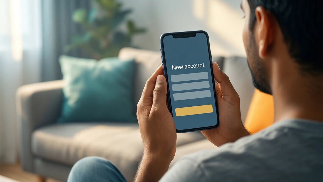 Seen over the shoulder of an Indian man in a plain grey t-shirt sitting on a sofa in a sunlit living room, the phone in his own two hands filling the right of the frame, the screen showing the heading "New account" above three plain grey bars and one golden yellow button