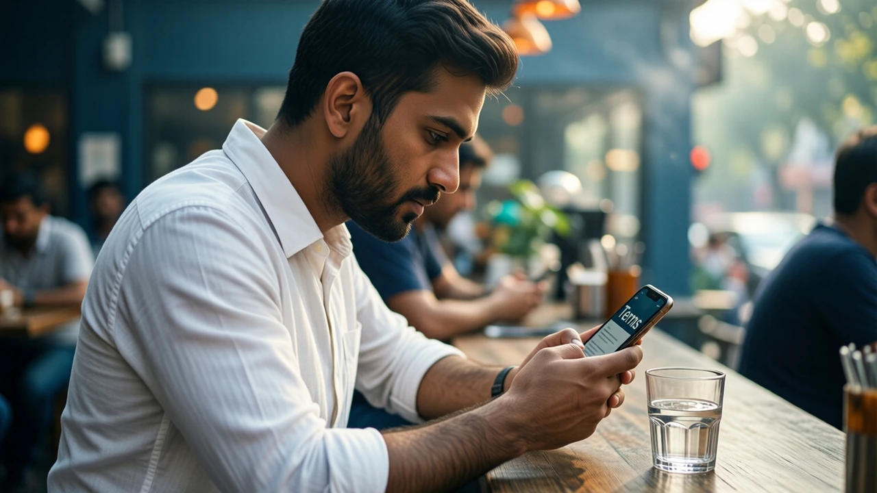 An Indian man in his late twenties with a short beard and a plain white shirt sitting at a cafe counter in daylight, seen in three-quarter view looking down at a phone held at chest height, its screen angled slightly toward us showing the large word "Terms", a glass of water beside him