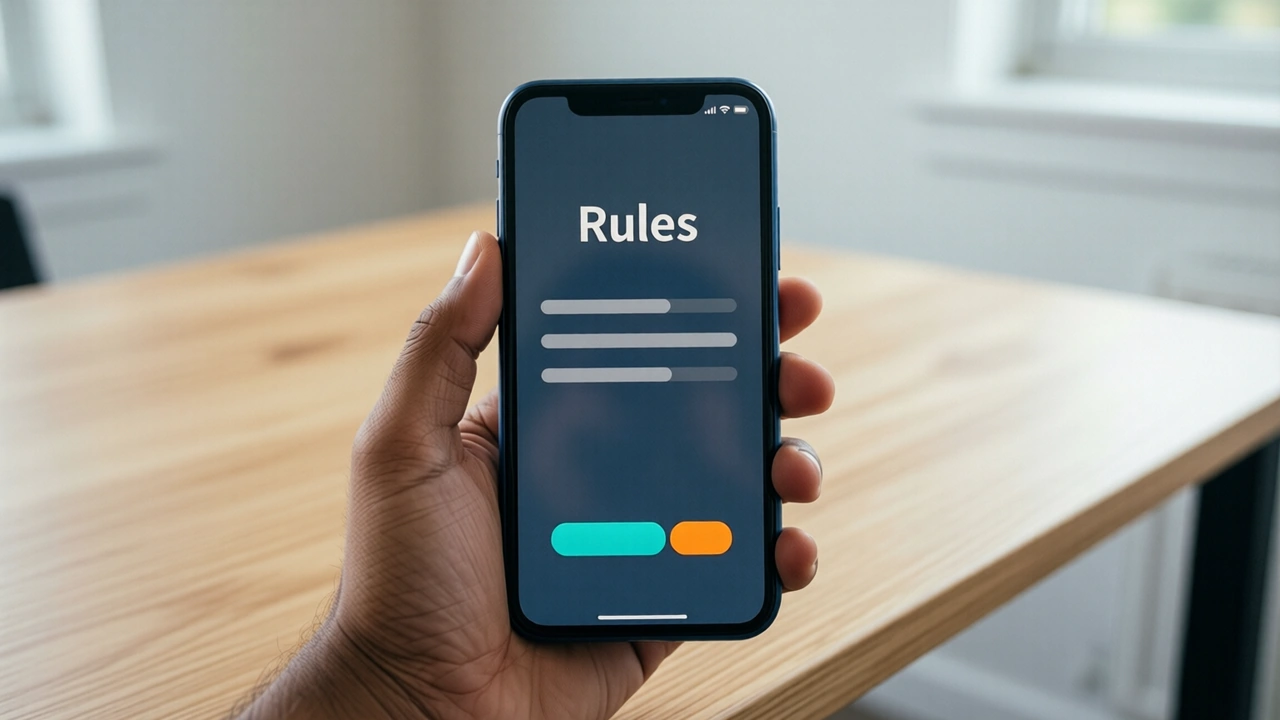 A slim smartphone held upright in an Indian man's hand in a bright room, the screen showing the heading "Rules" above three short plain grey lines, a pale wooden table and a white wall softly blurred behind, soft daylight